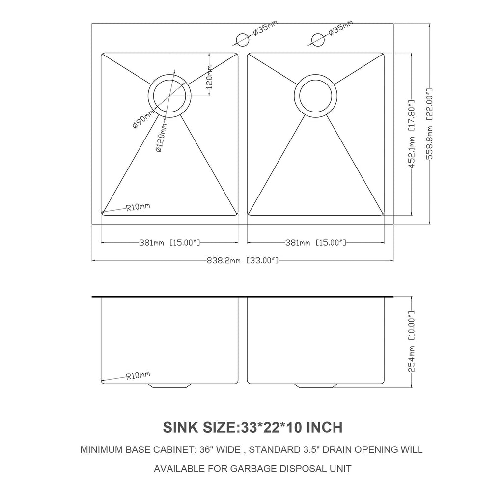 Double Bowl Drop In Kitchen Sink 33" X 22" With 16 Gauge Stainless