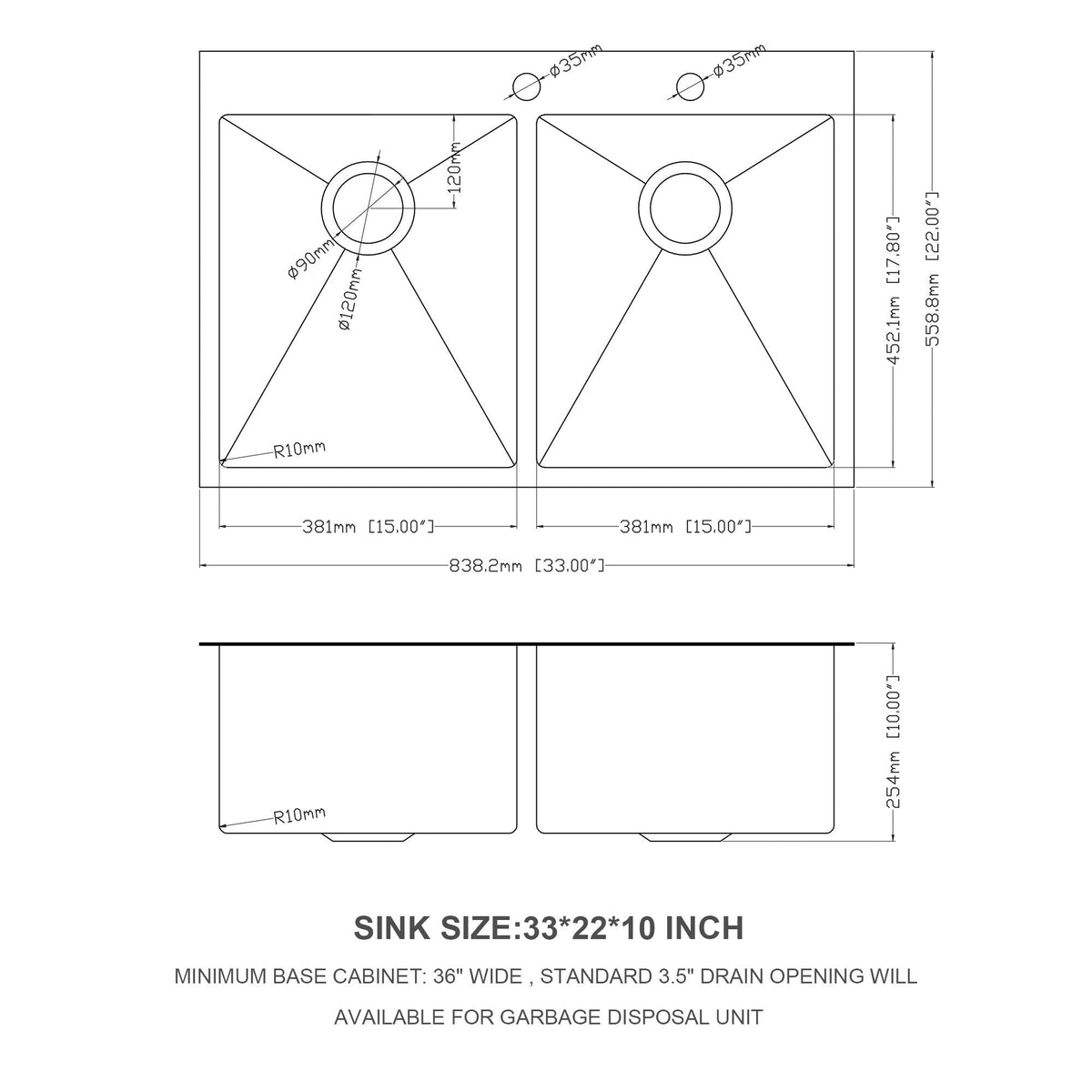 Double Bowl Drop In Kitchen Sink 33" X 22" With 16 Gauge Stainless