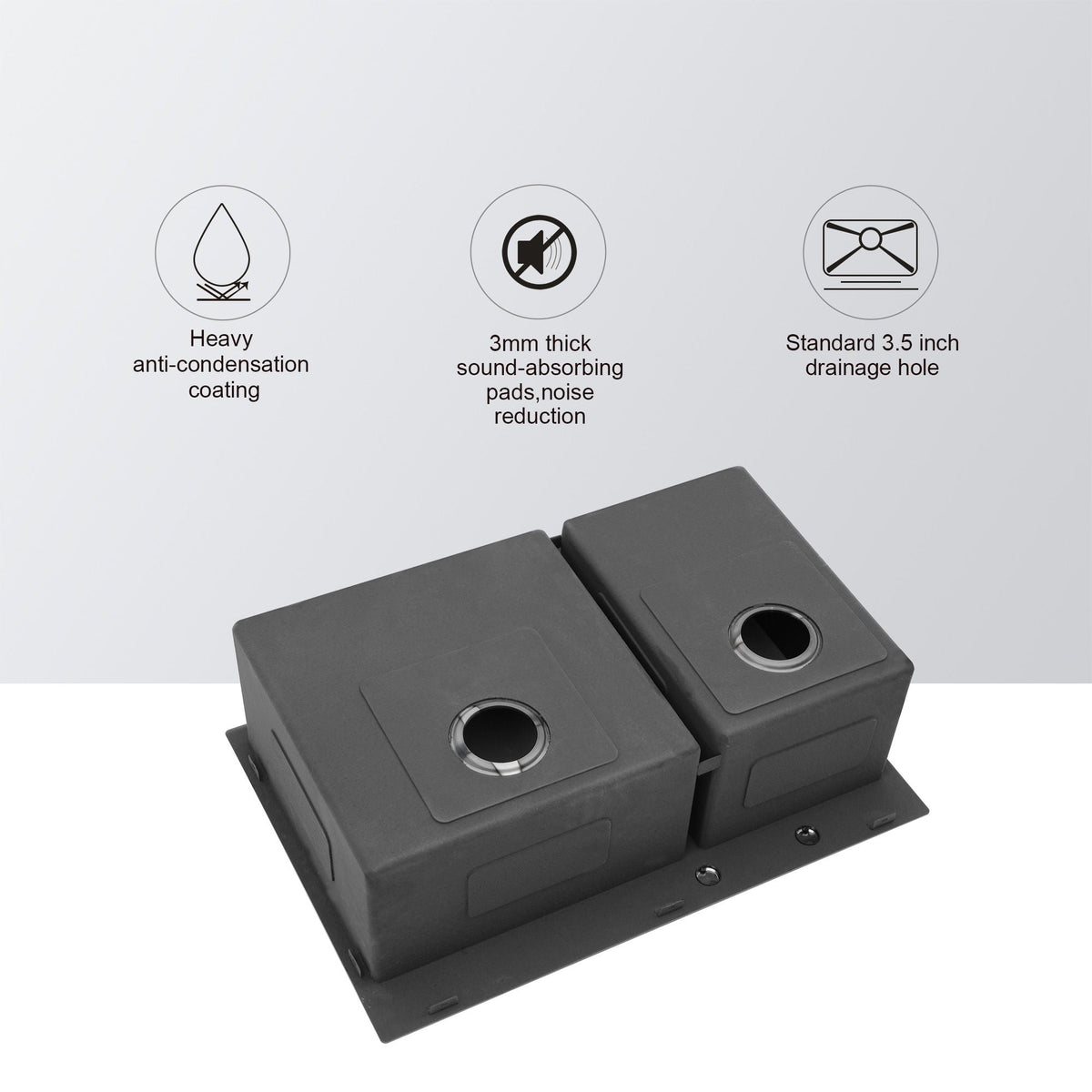 Double Bowl Kitchen Sink 16 Gauge 33" X 22" With 2 10" Deep Basins - Gunmetal Black