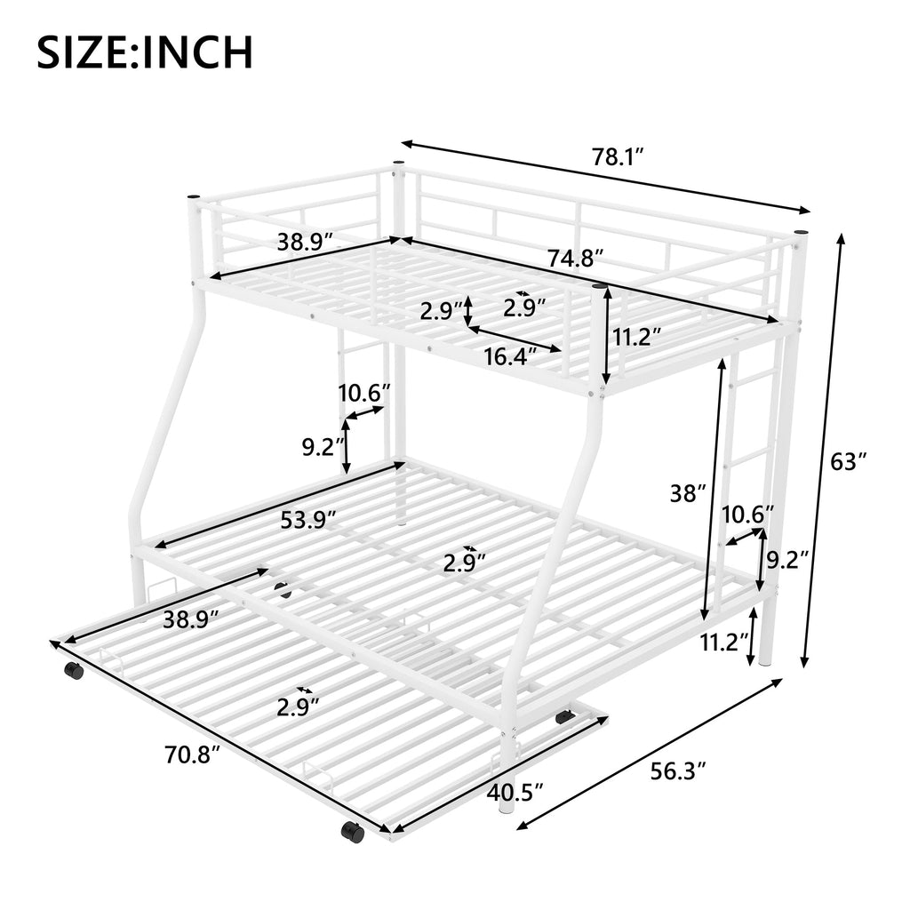 Twin over Full Bed with Sturdy Steel Frame Bunk Bed with Twin Size Trundle