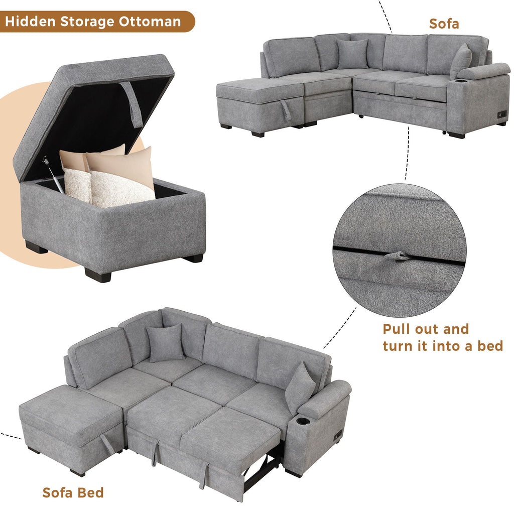 2 In 1 Pull Out Sofa Bed, L Shape Couch With Storage Ottoman