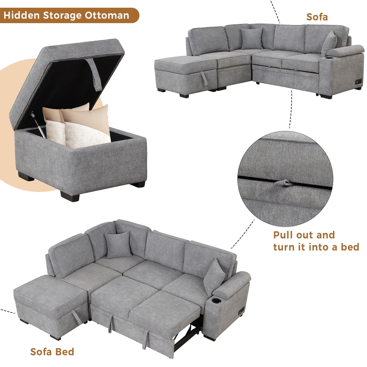 2 In 1 Pull Out Sofa Bed, L Shape Couch With Storage Ottoman