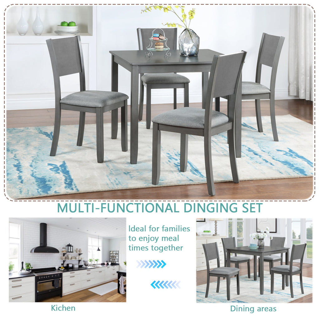 5 Piece Modern Dining Set, Square Wooden Dining Table with 4 Upholstered Chairs