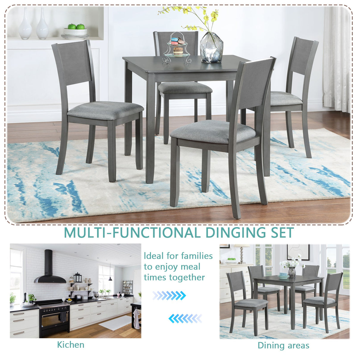 5 Piece Modern Dining Set, Square Wooden Dining Table with 4 Upholstered Chairs