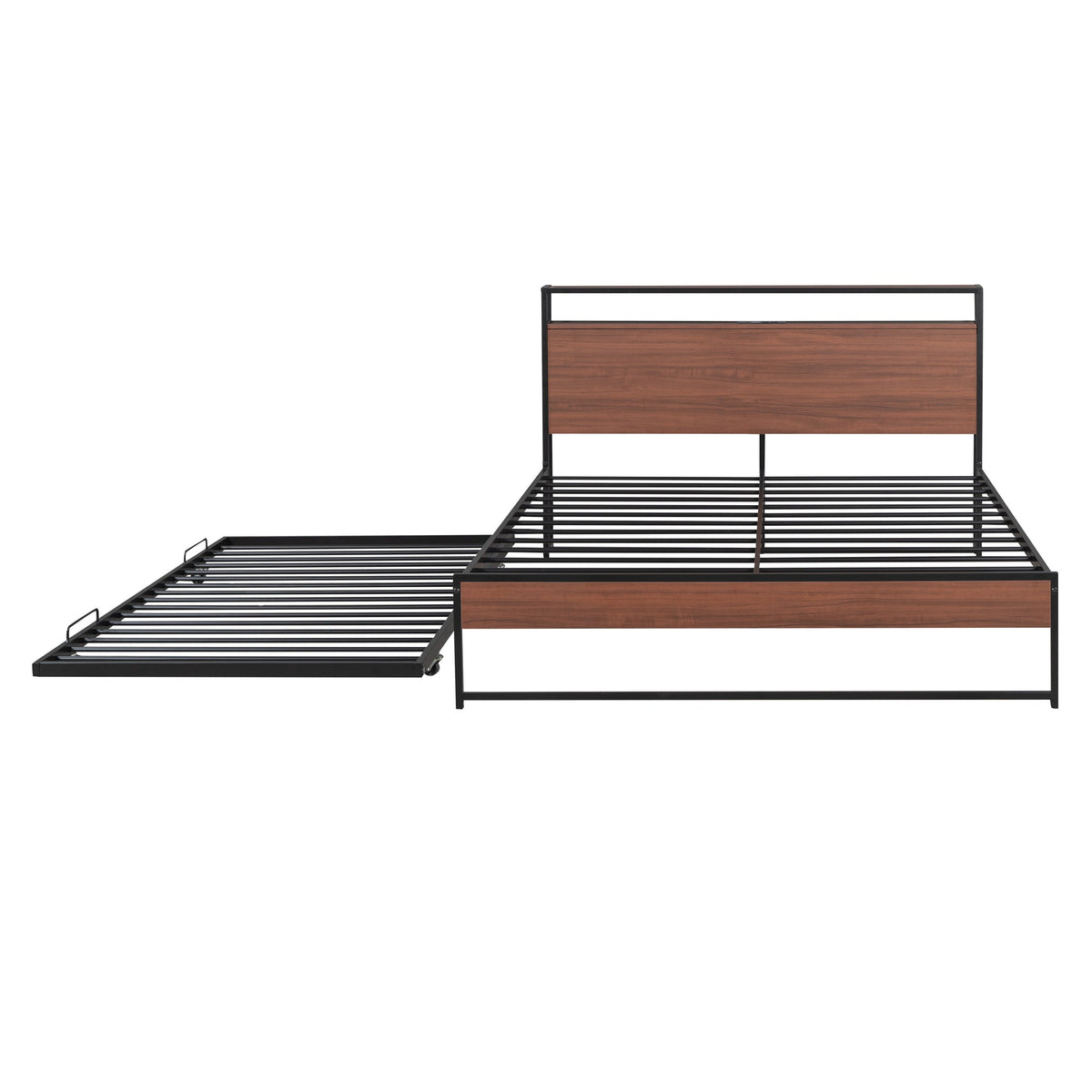 Queen Size Metal Platform Bed Frame with Trundle, USB Ports and Slat Support