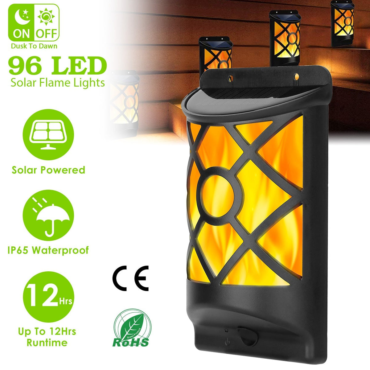 Flame Solar Lights 96 LEDs Waterproof Flickering Flame Wall Mount Lamp Auto On Off
