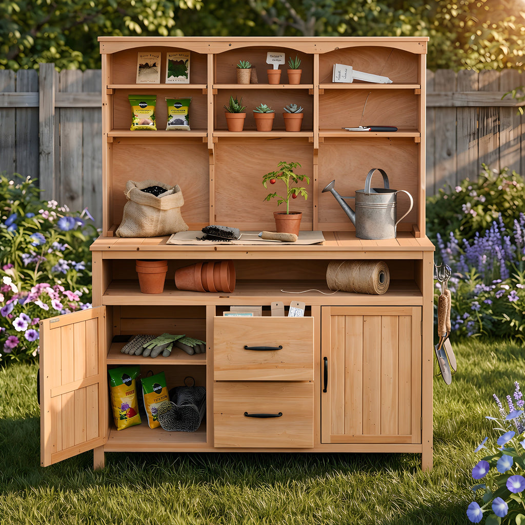 Large Fir Wood Potting Bench with Hutch, Cabinets & Drawers