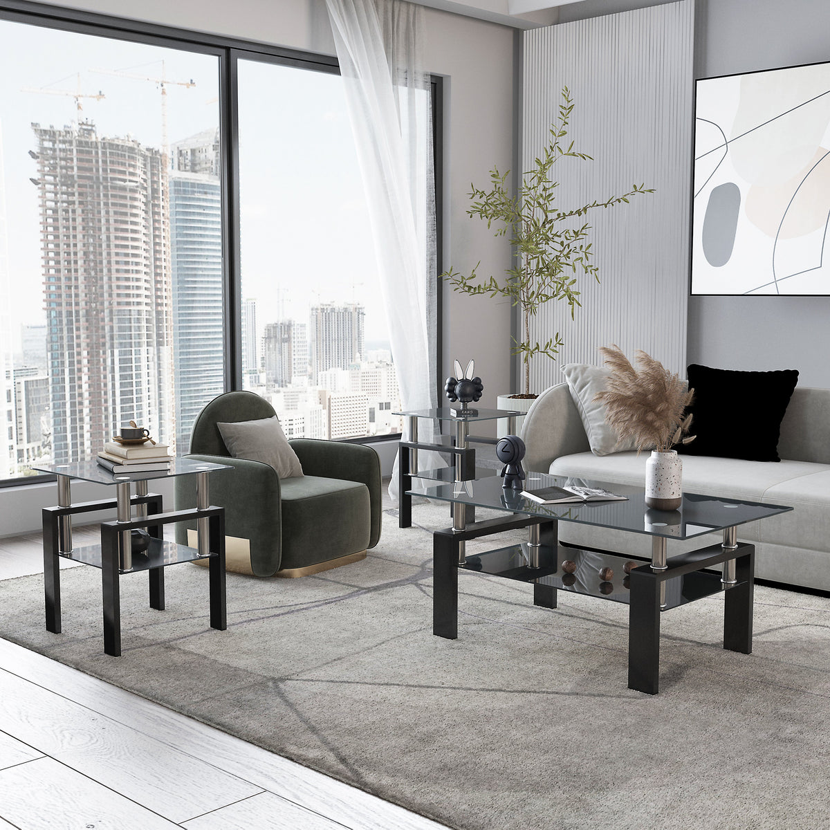 Set of 2, Modern Tempered Glass Tea Table, Coffee Table