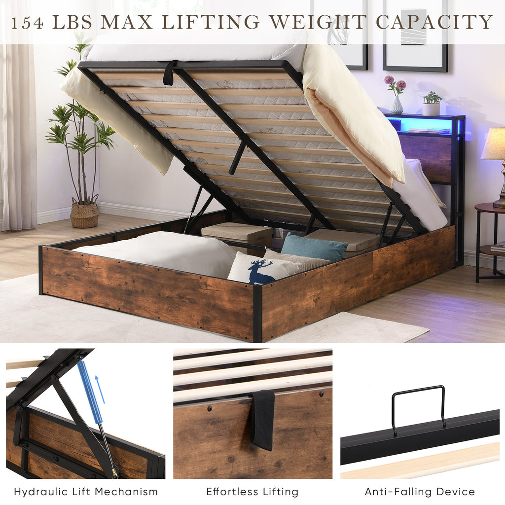 Elevating storage bed frame, full-size bed frame with bookshelf headboard and LED lights