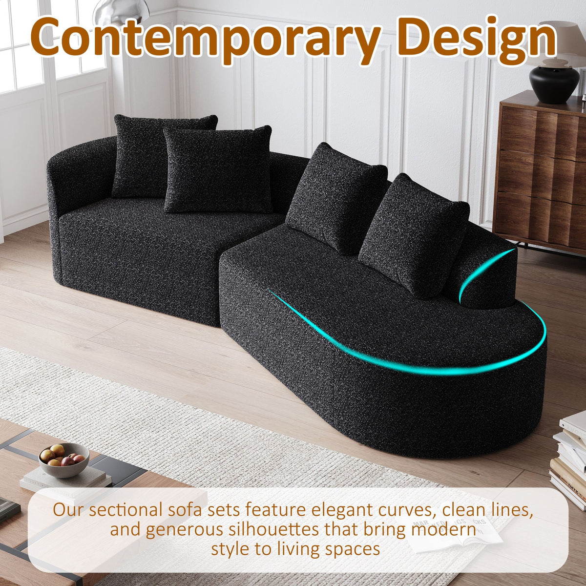 Oversized Sectional Sofa, 4 Seater Extra Deep, Wide Curved Couch With 4 Throw Pillows