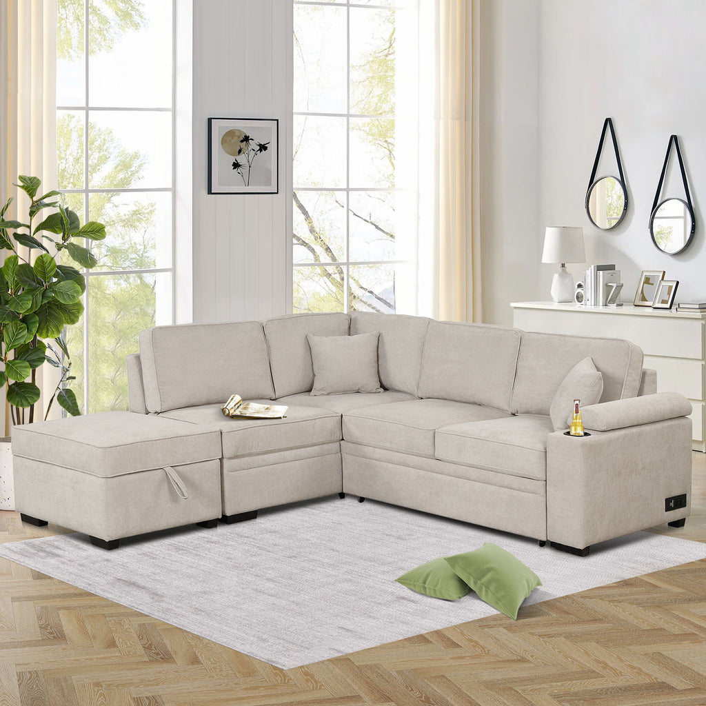 2 In 1 Pull Out Sofa Bed, L Shape Couch With Storage Ottoman