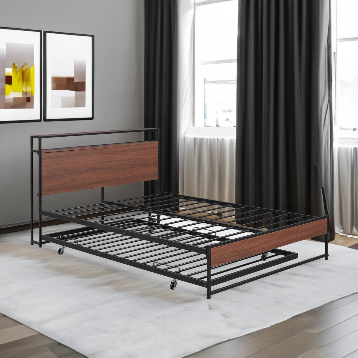Queen Size Metal Platform Bed Frame with Trundle, USB Ports and Slat Support