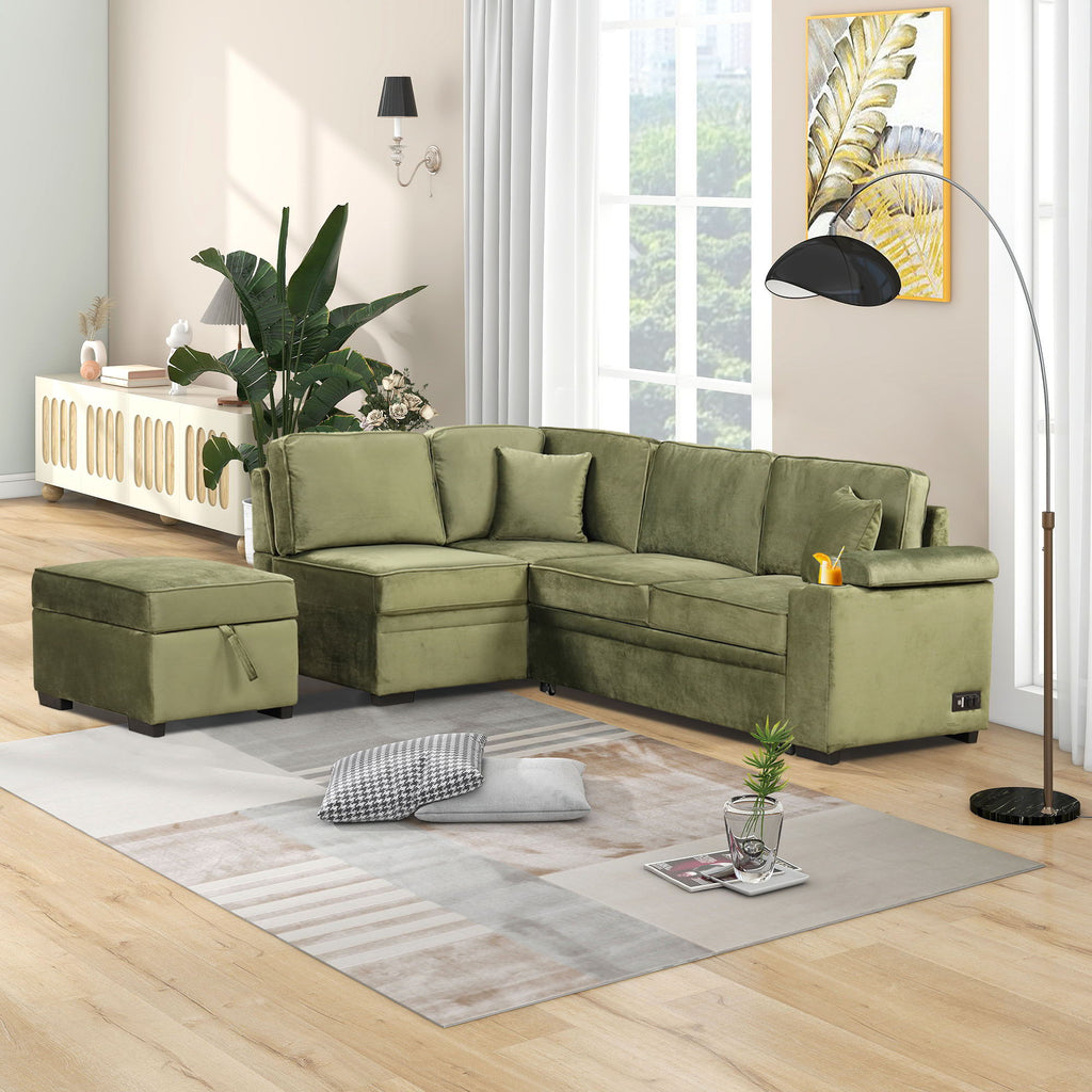 2 In 1 Pull Out Sofa Bed, L Shape Couch With Storage Ottoman