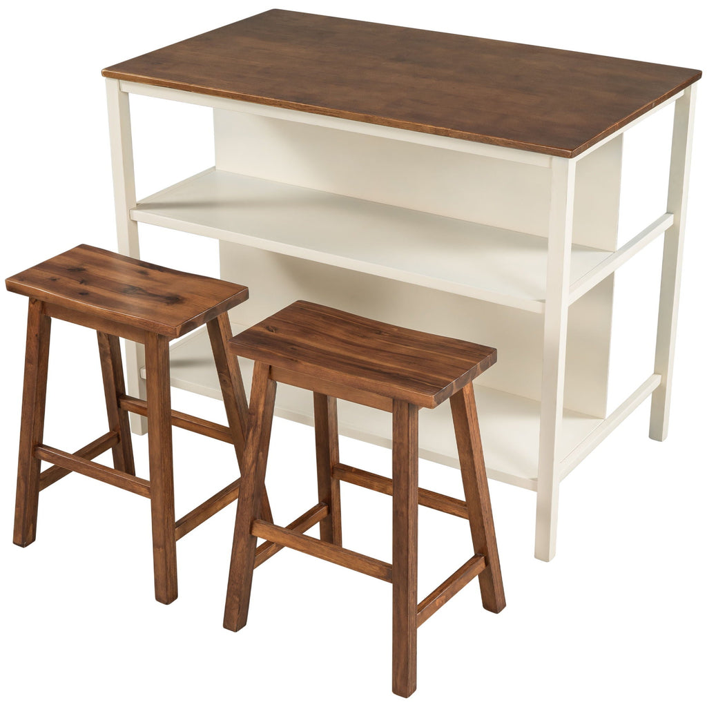 Rustic 3 Piece Stationary Kitchen Island Set With 2 Seats