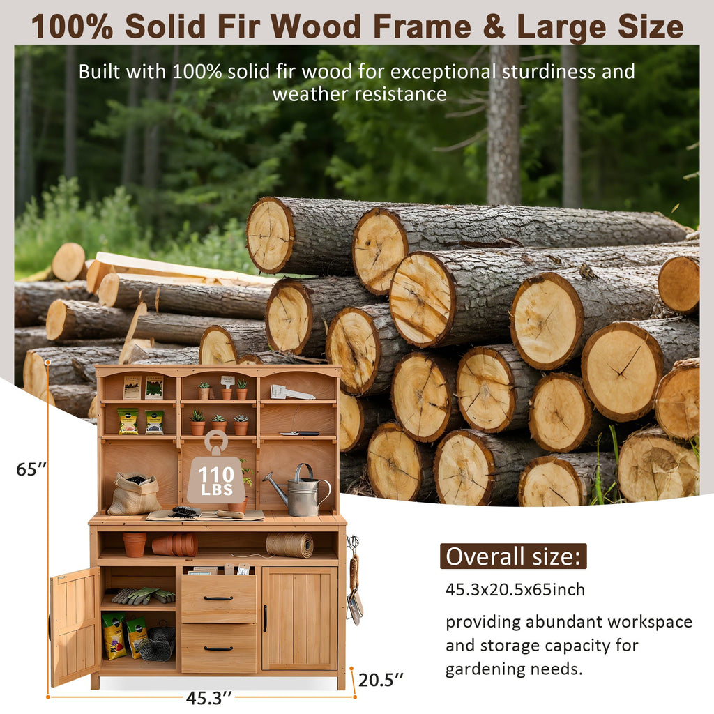 Large Fir Wood Potting Bench with Hutch, Cabinets & Drawers