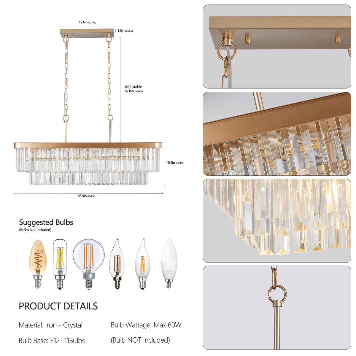 Chandeliers, Rectangular Crystal Chandelier Adjustable