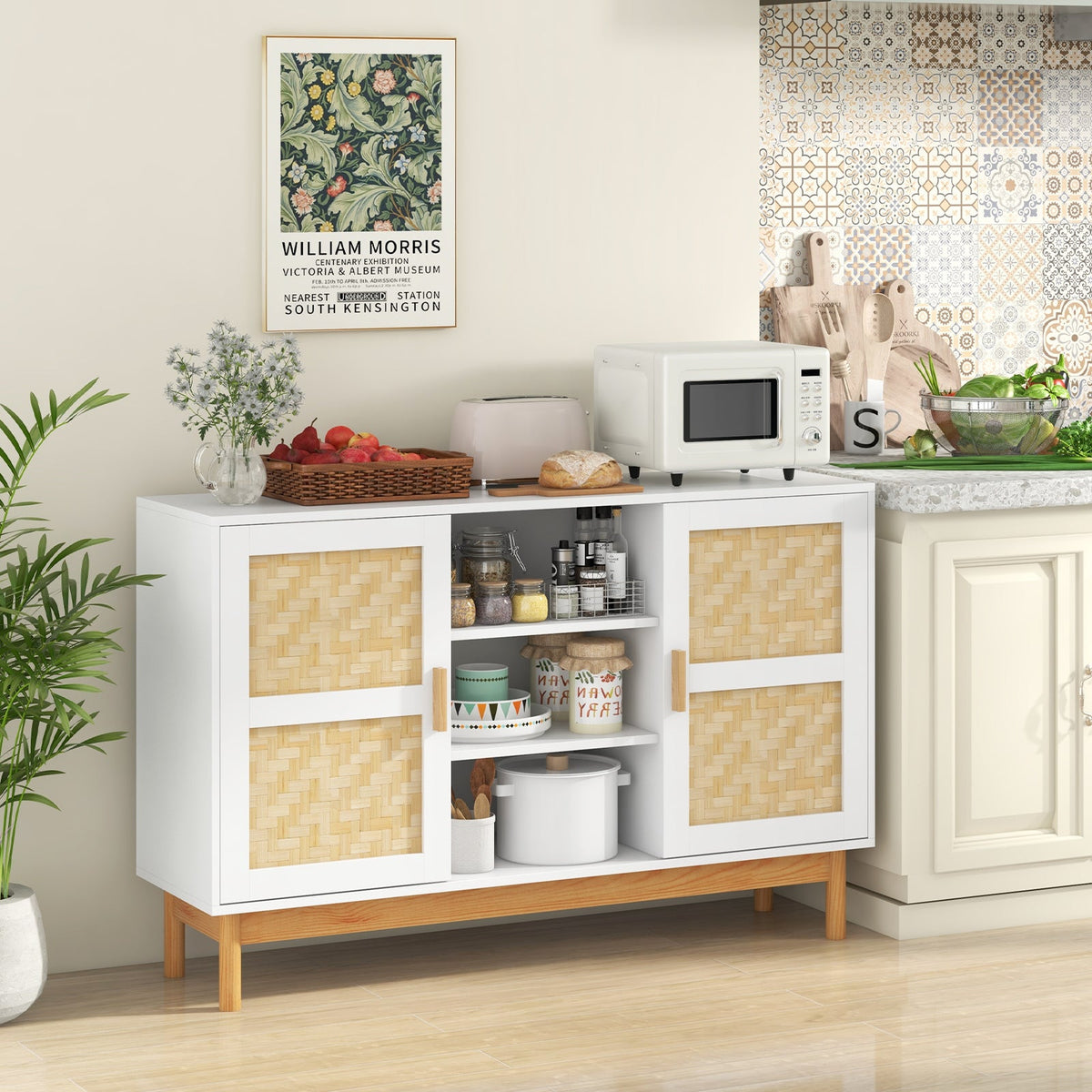 48 Inch Buffet Cabinet Storage with 2 Bamboo Woven Doors