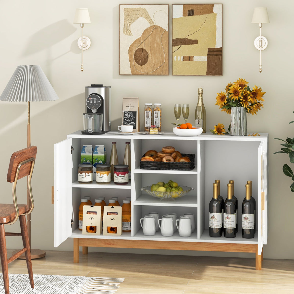 48 Inch Buffet Cabinet Storage with 2 Bamboo Woven Doors