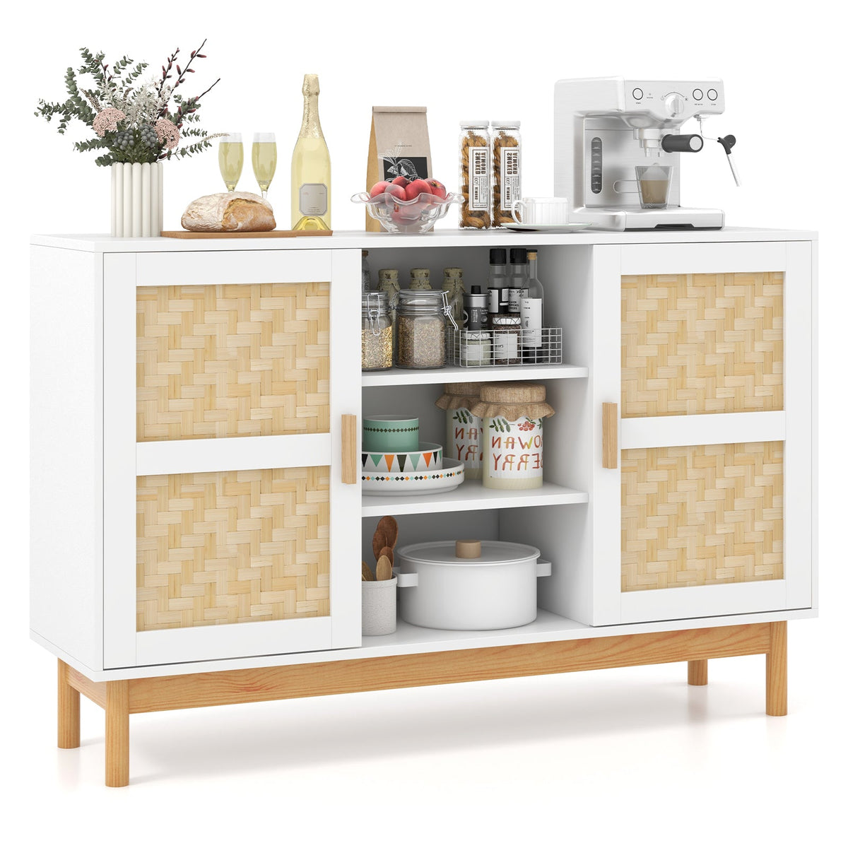 48 Inch Buffet Cabinet Storage with 2 Bamboo Woven Doors