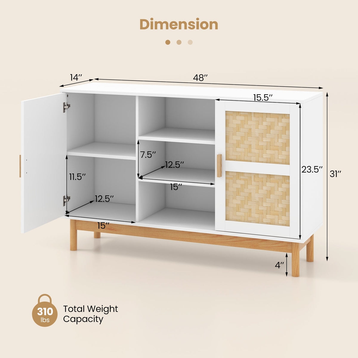 48 Inch Buffet Cabinet Storage with 2 Bamboo Woven Doors