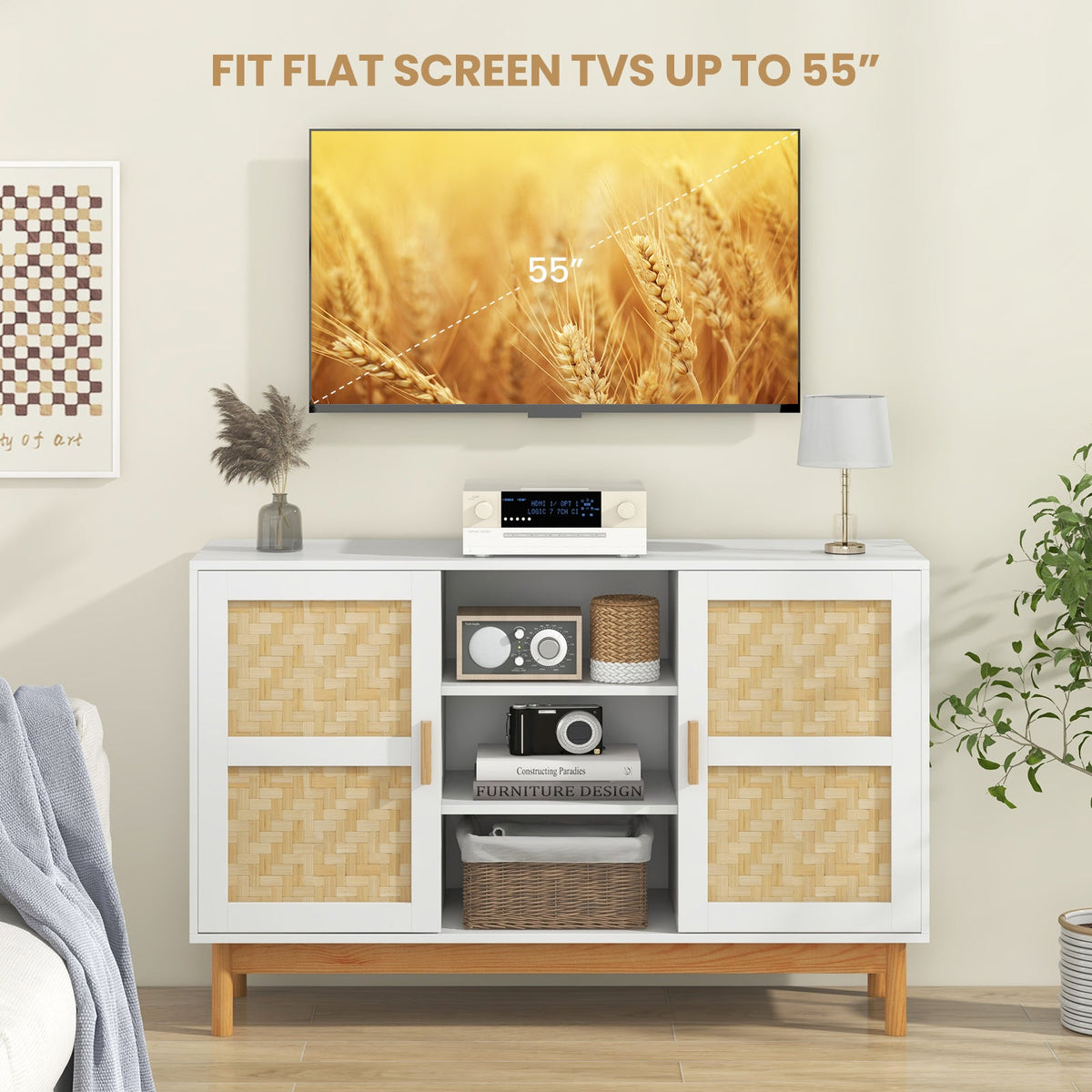 48 Inch Buffet Cabinet Storage with 2 Bamboo Woven Doors