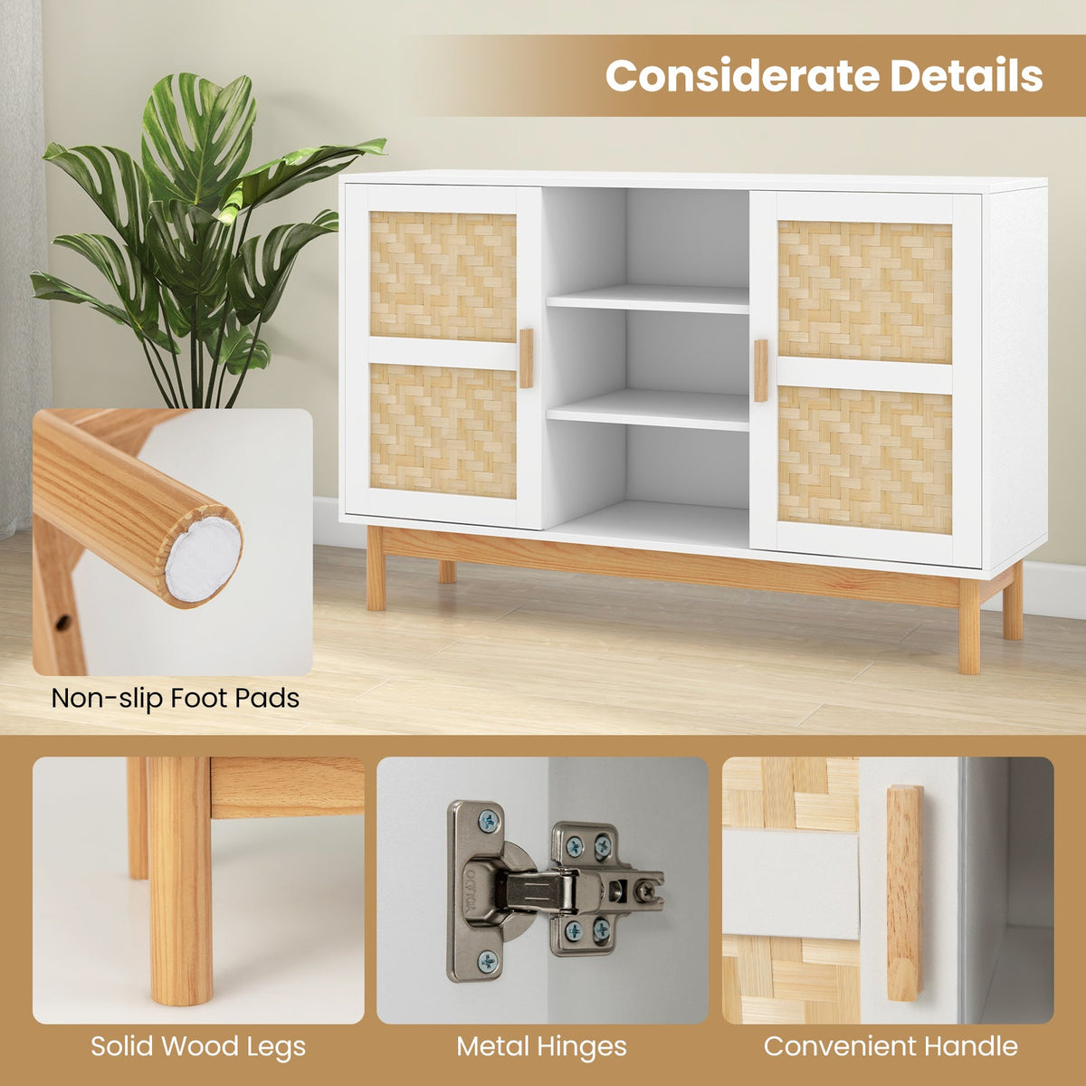48 Inch Buffet Cabinet Storage with 2 Bamboo Woven Doors