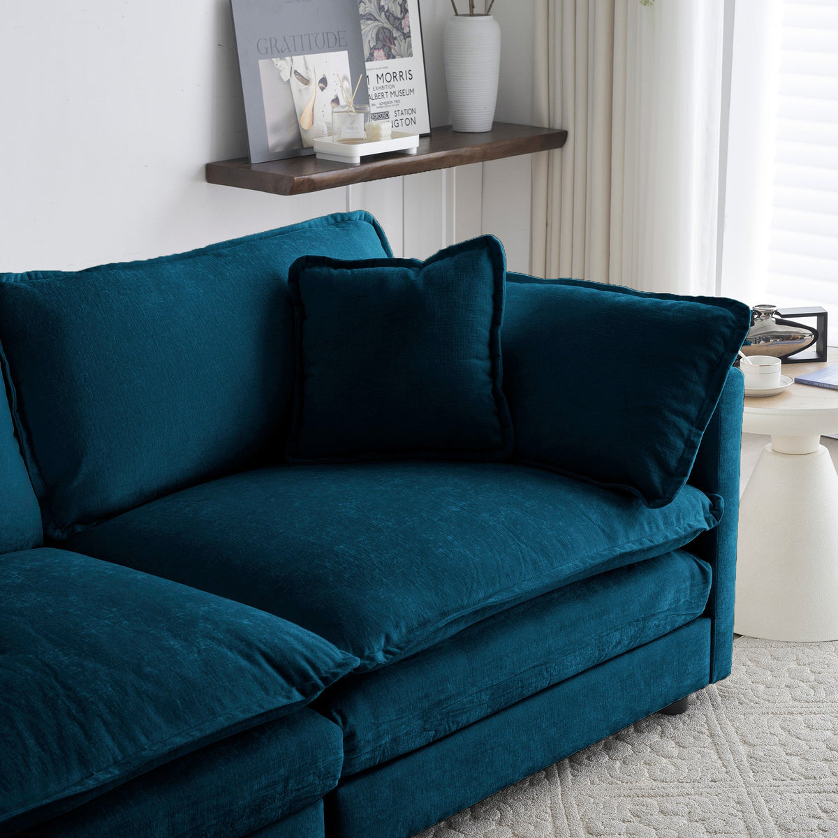 Modern Fabric Loveseat, Large Size Deep 2-Seat Sofa with 4 Pillows ,Blue Chenille
