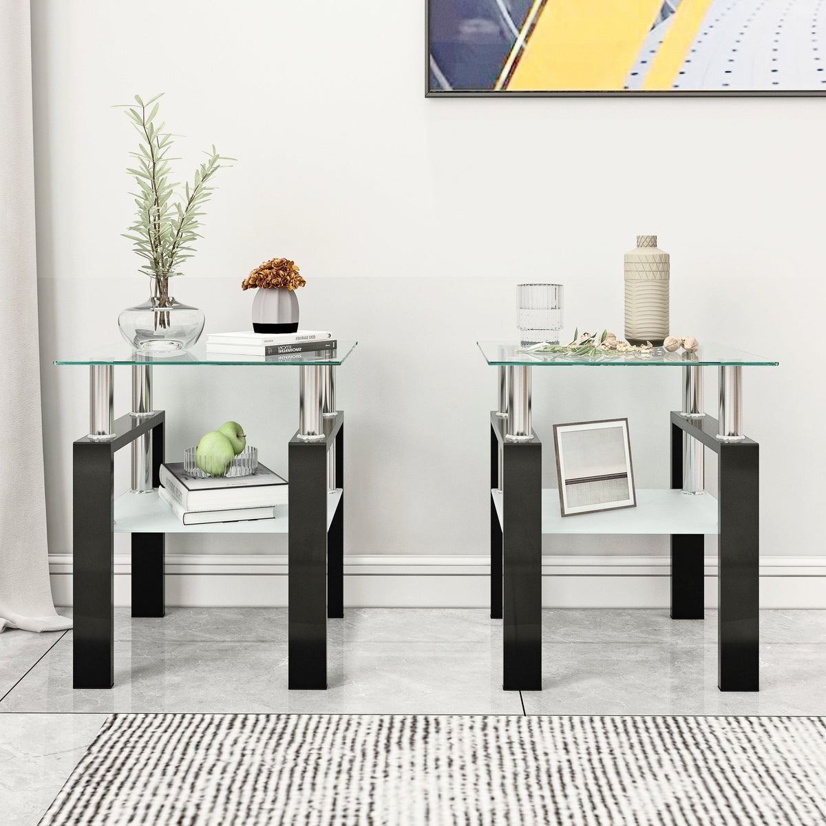 Set of 2, Modern Tempered Glass Tea Table Coffee Table End Table