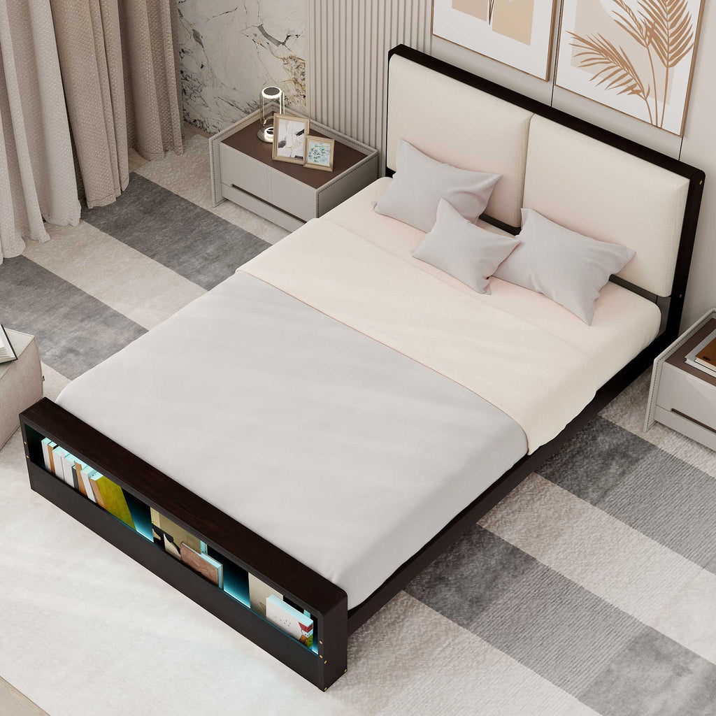 Queen Size Platform Bed Frame with Upholstery Headboard and Bookshelf