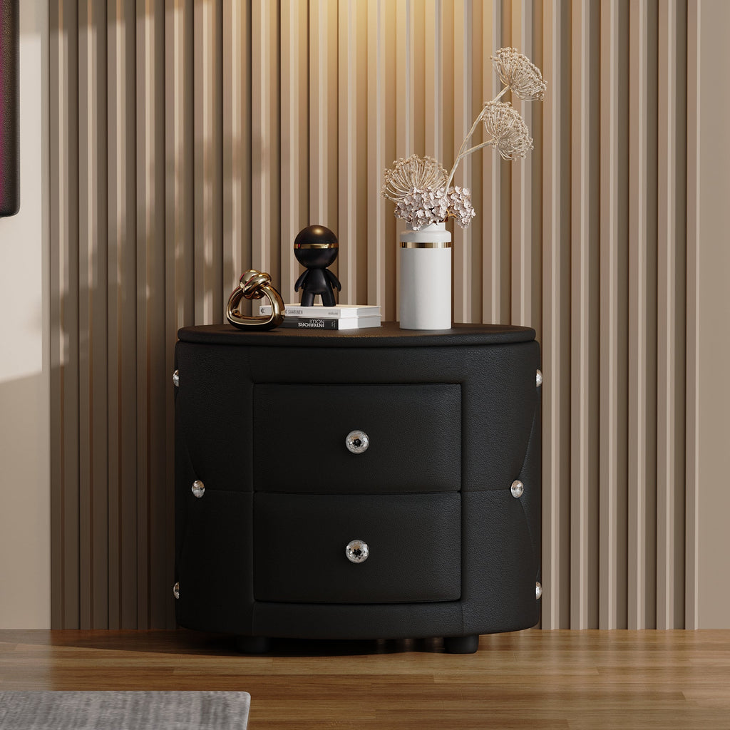 Elegant PU Nightstand with 2 Drawers and Crystal Handle, Easy Assembled