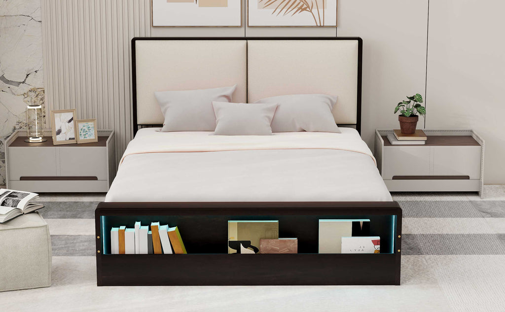 Queen Size Platform Bed Frame with Upholstery Headboard and Bookshelf