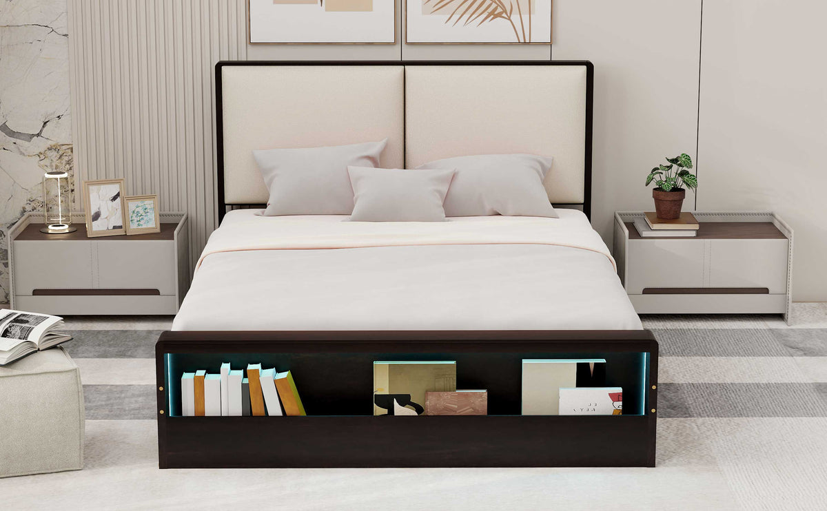 Queen Size Platform Bed Frame with Upholstery Headboard and Bookshelf