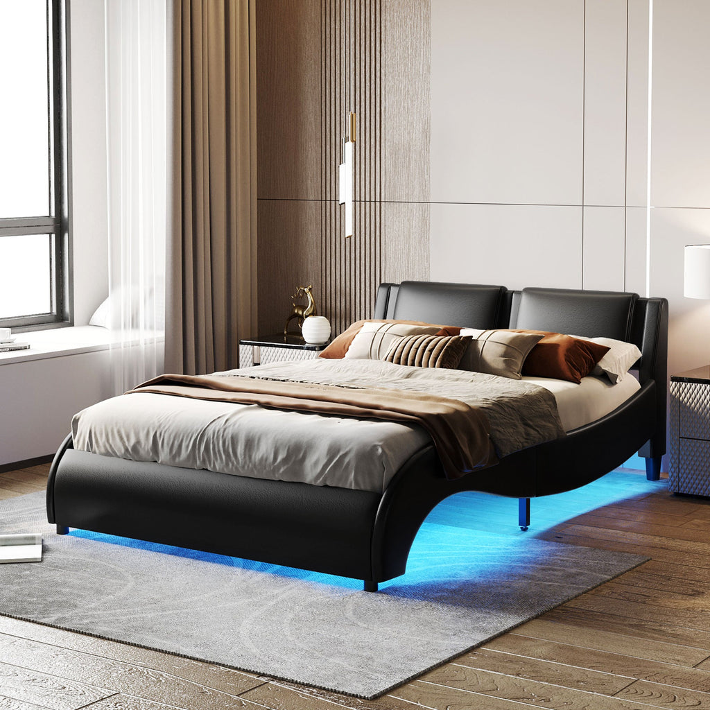 Queen Size Upholstered Faux Leather Platform Bed with LED Light Bed Frame