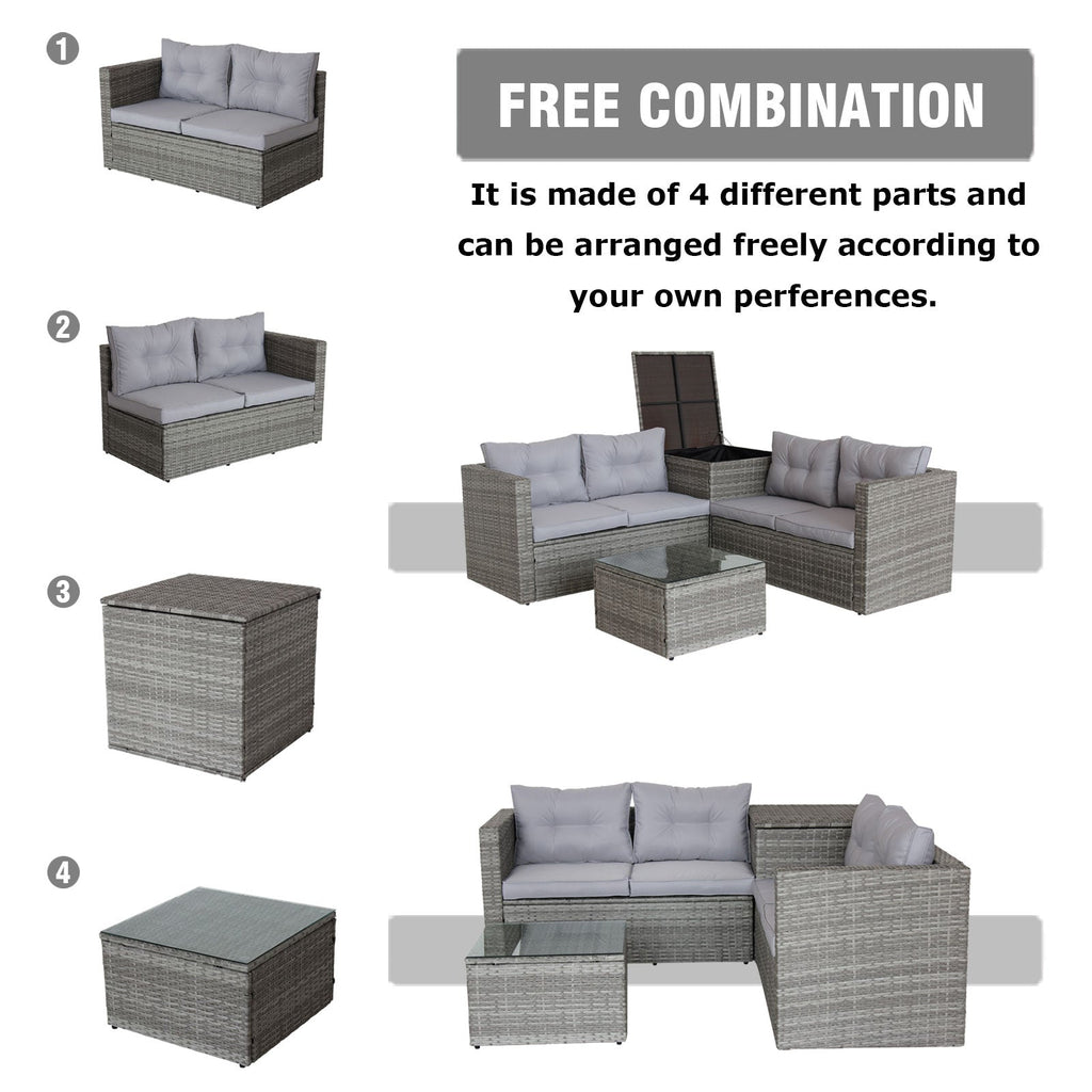 4 Piece Patio Sectional Wicker Rattan Sofa Set with Storage Box Grey