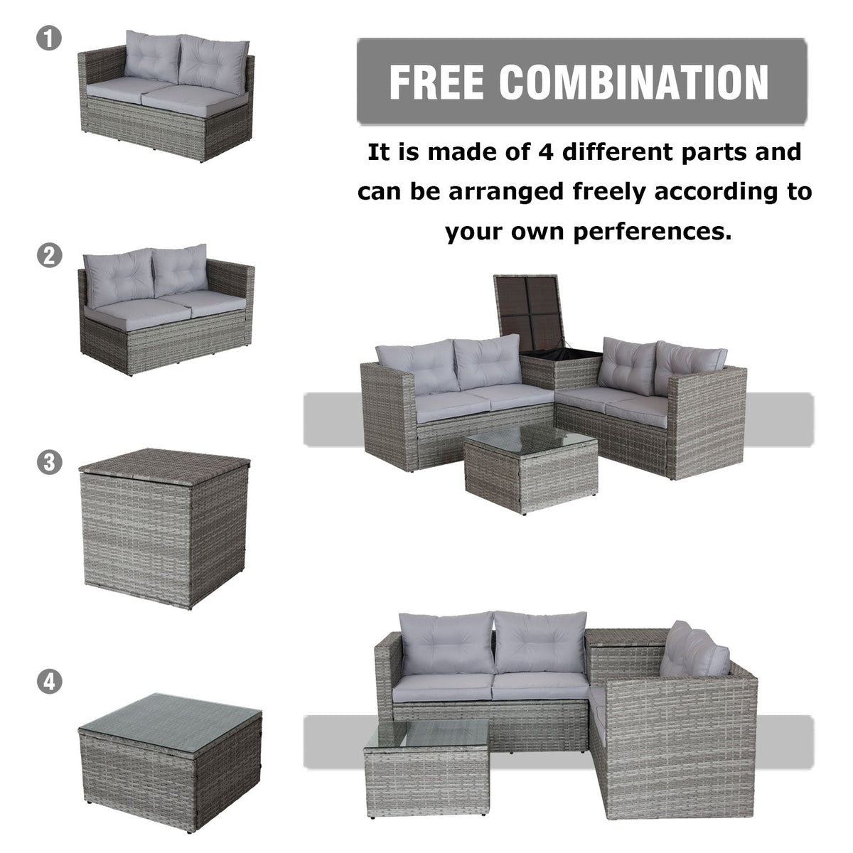 4 Piece Patio Sectional Wicker Rattan Sofa Set with Storage Box Grey
