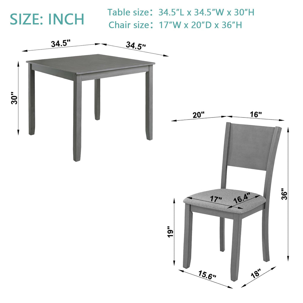 5 Piece Modern Dining Set, Square Wooden Dining Table with 4 Upholstered Chairs