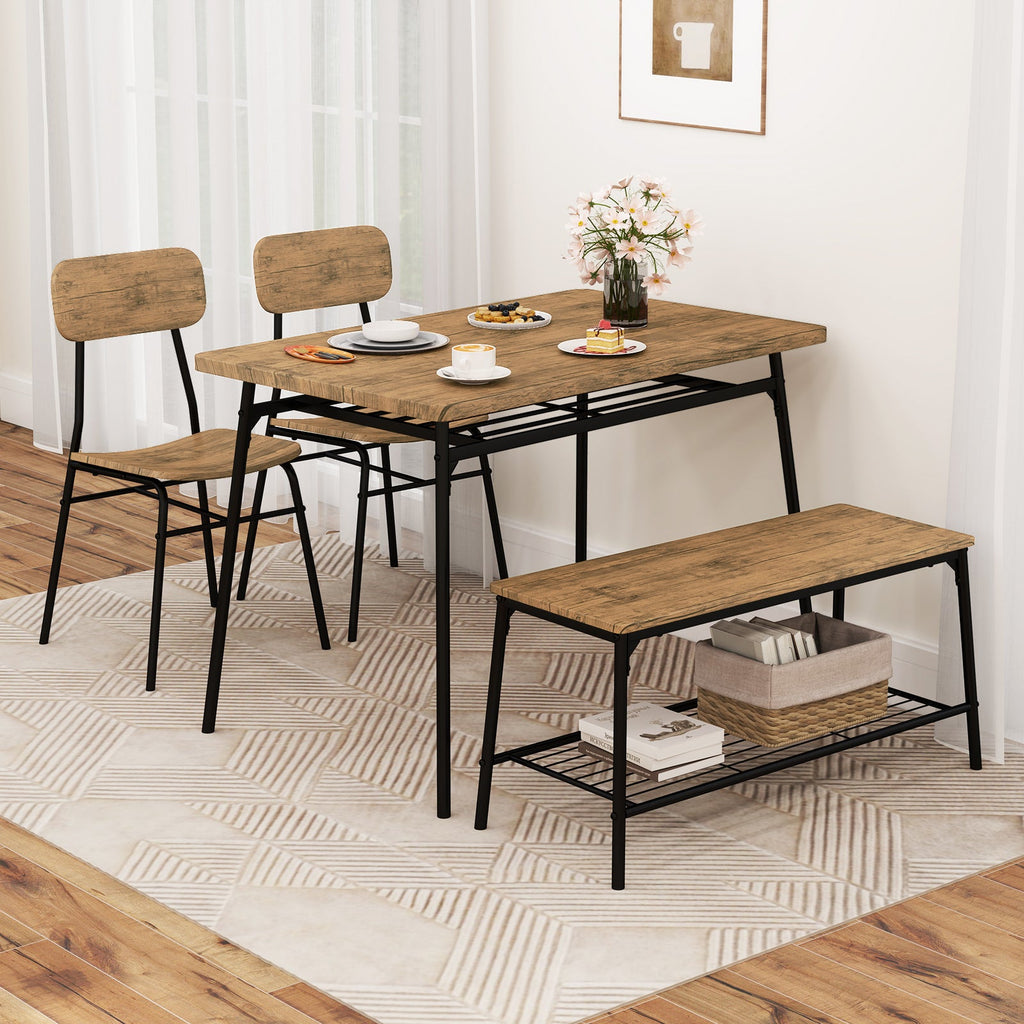 4 Piece Dining Table Set for 4, Metal Frame with Bench and 2 Chairs-Brown