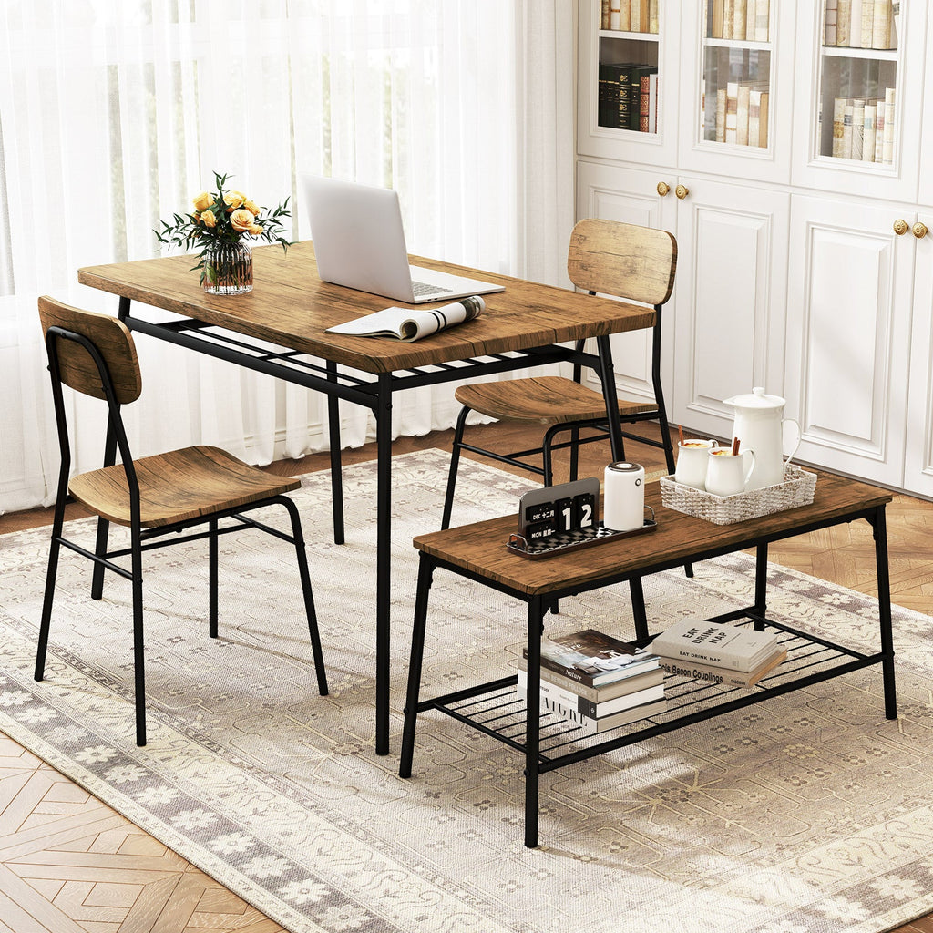 4 Piece Dining Table Set for 4, Metal Frame with Bench and 2 Chairs-Brown