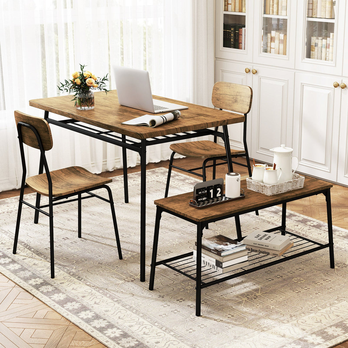 4 Piece Dining Table Set for 4, Metal Frame with Bench and 2 Chairs-Brown