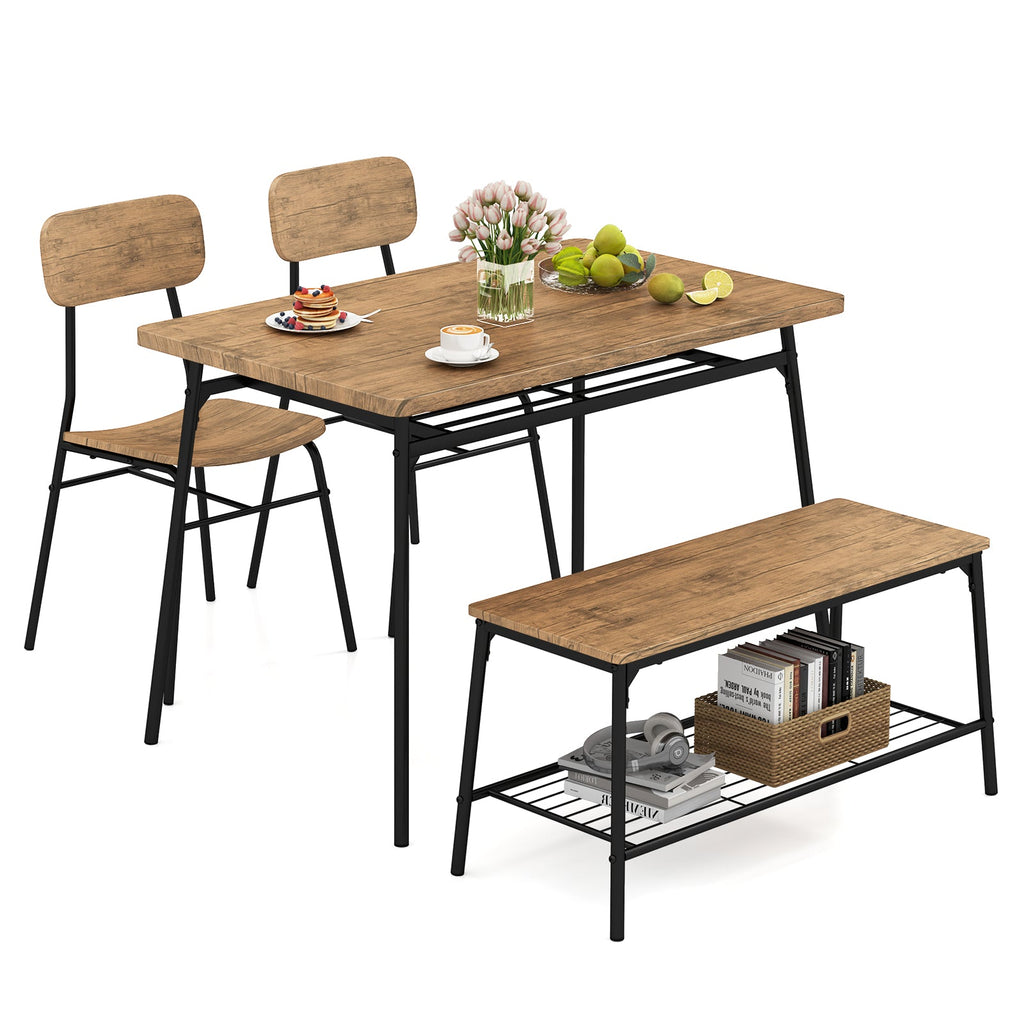 4 Piece Dining Table Set for 4, Metal Frame with Bench and 2 Chairs-Brown