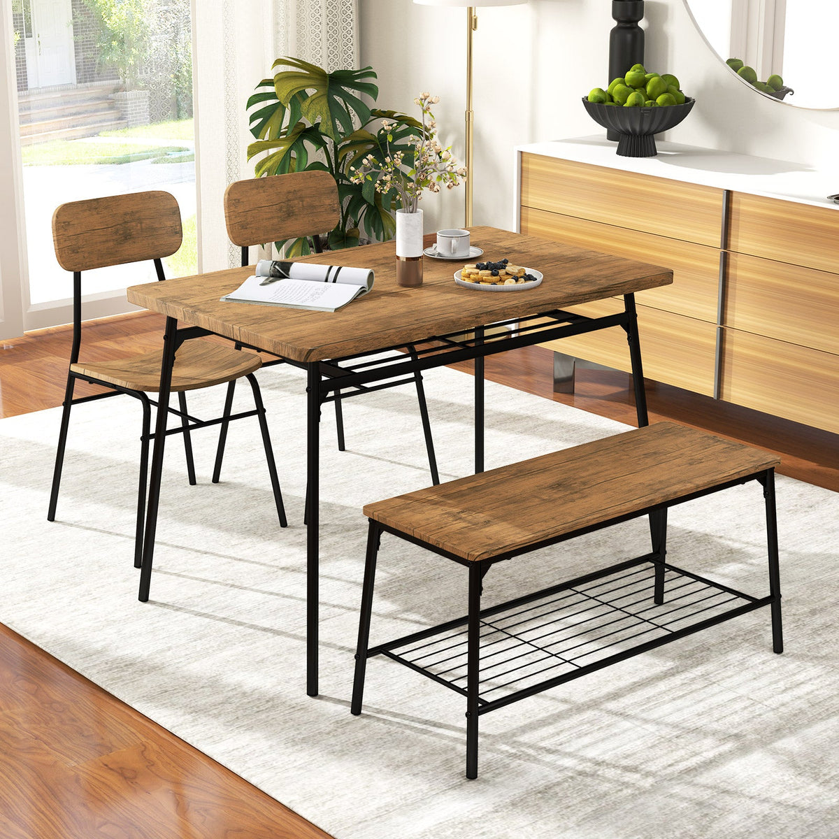 4 Piece Dining Table Set for 4, Metal Frame with Bench and 2 Chairs-Brown