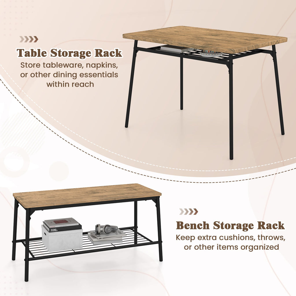 4 Piece Dining Table Set for 4, Metal Frame with Bench and 2 Chairs-Brown
