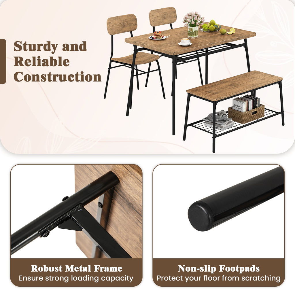 4 Piece Dining Table Set for 4, Metal Frame with Bench and 2 Chairs-Brown