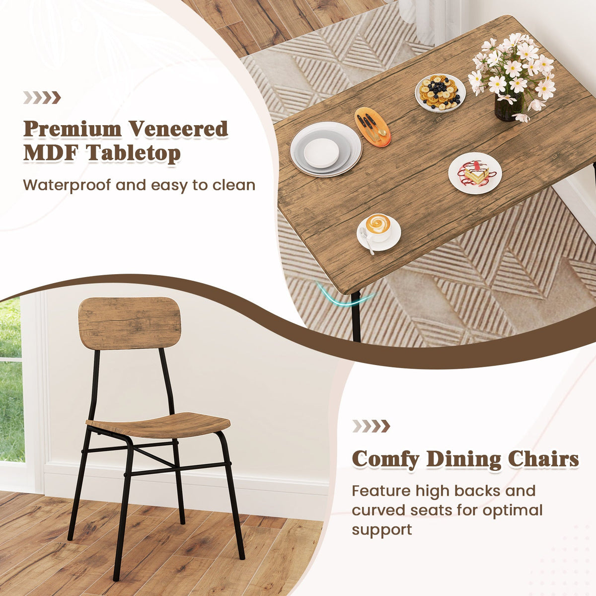 4 Piece Dining Table Set for 4, Metal Frame with Bench and 2 Chairs-Brown