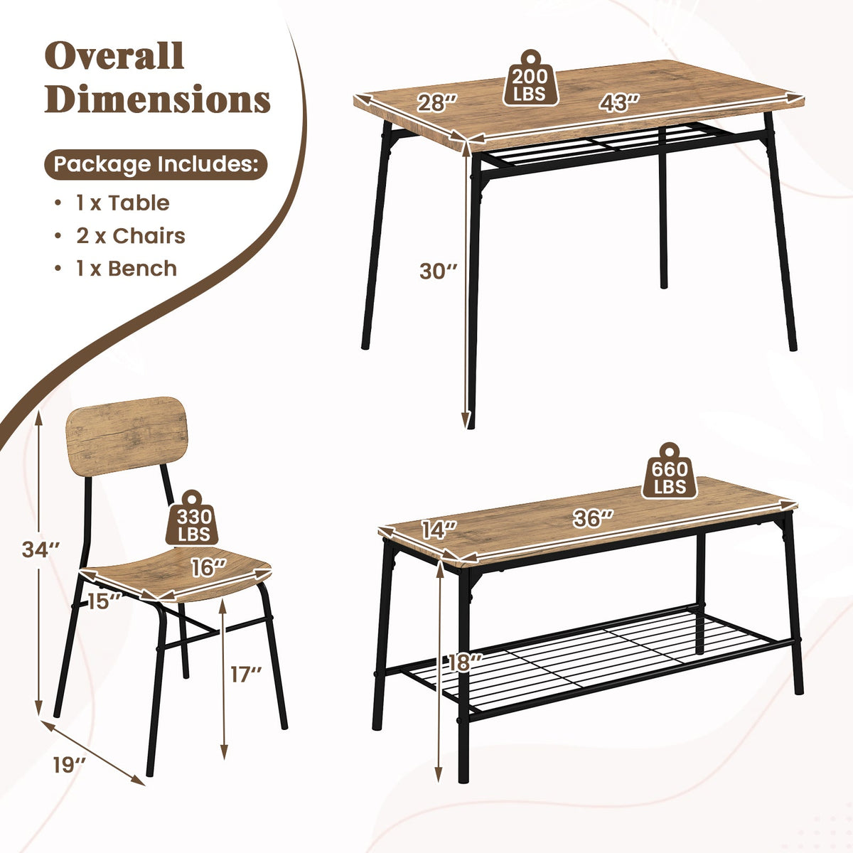 4 Piece Dining Table Set for 4, Metal Frame with Bench and 2 Chairs-Brown