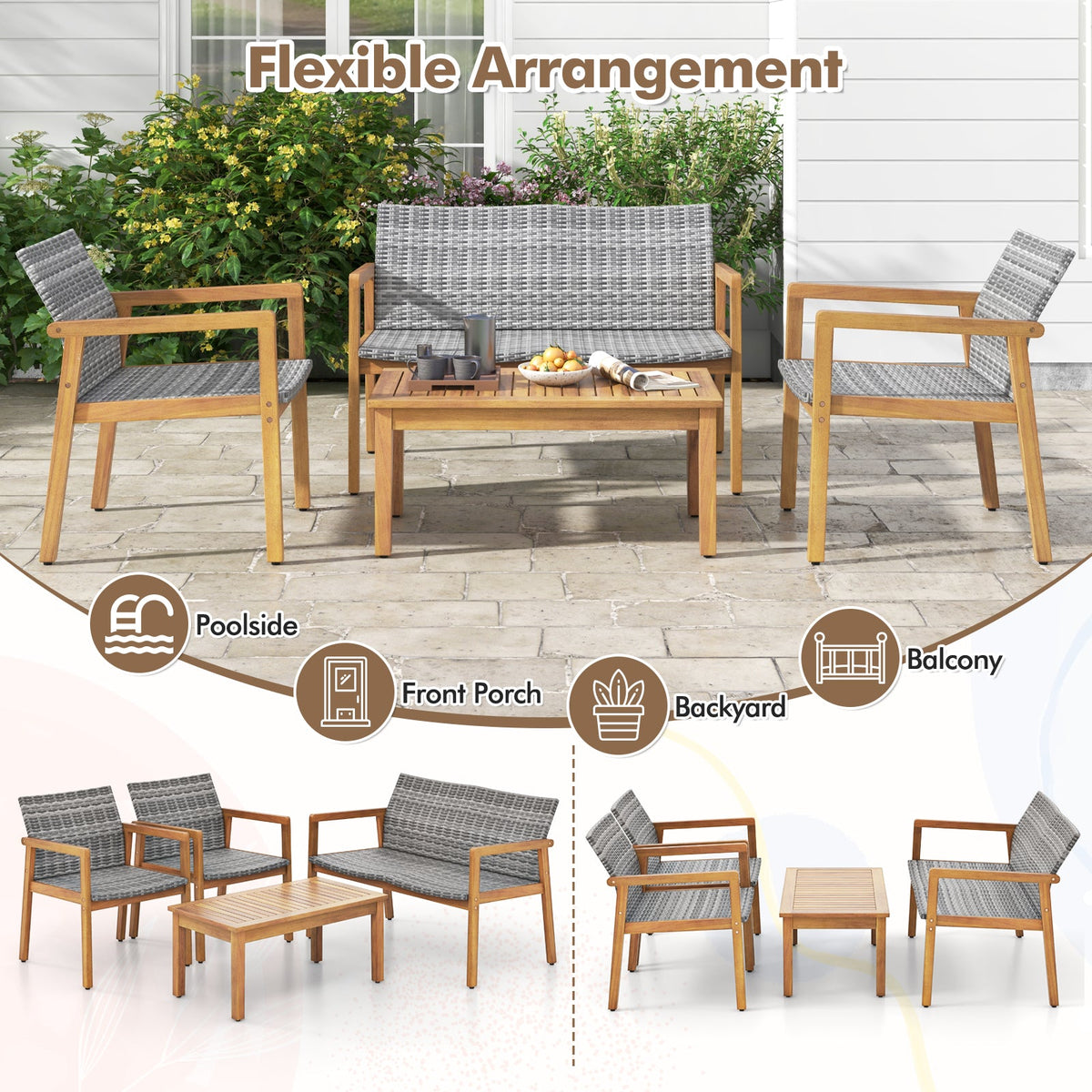 4-Piece Patio Set with Loveseat Single Chairs and Coffee Table