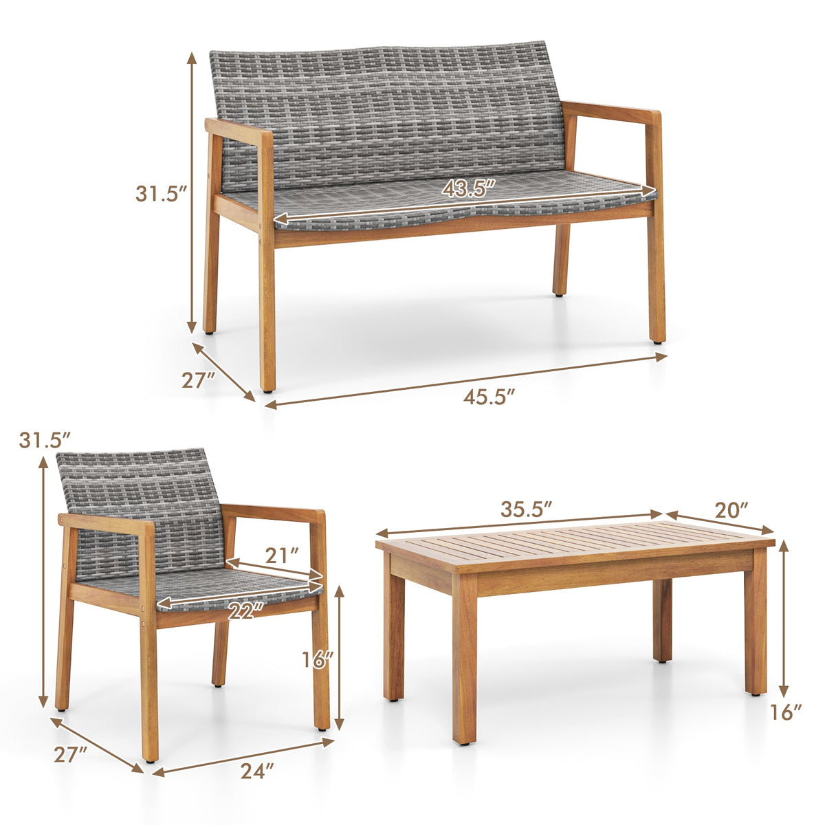 4-Piece Patio Set with Loveseat Single Chairs and Coffee Table