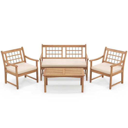4 Piece Wood Patio with Armchairs Loveseat and Coffee Table-Off White