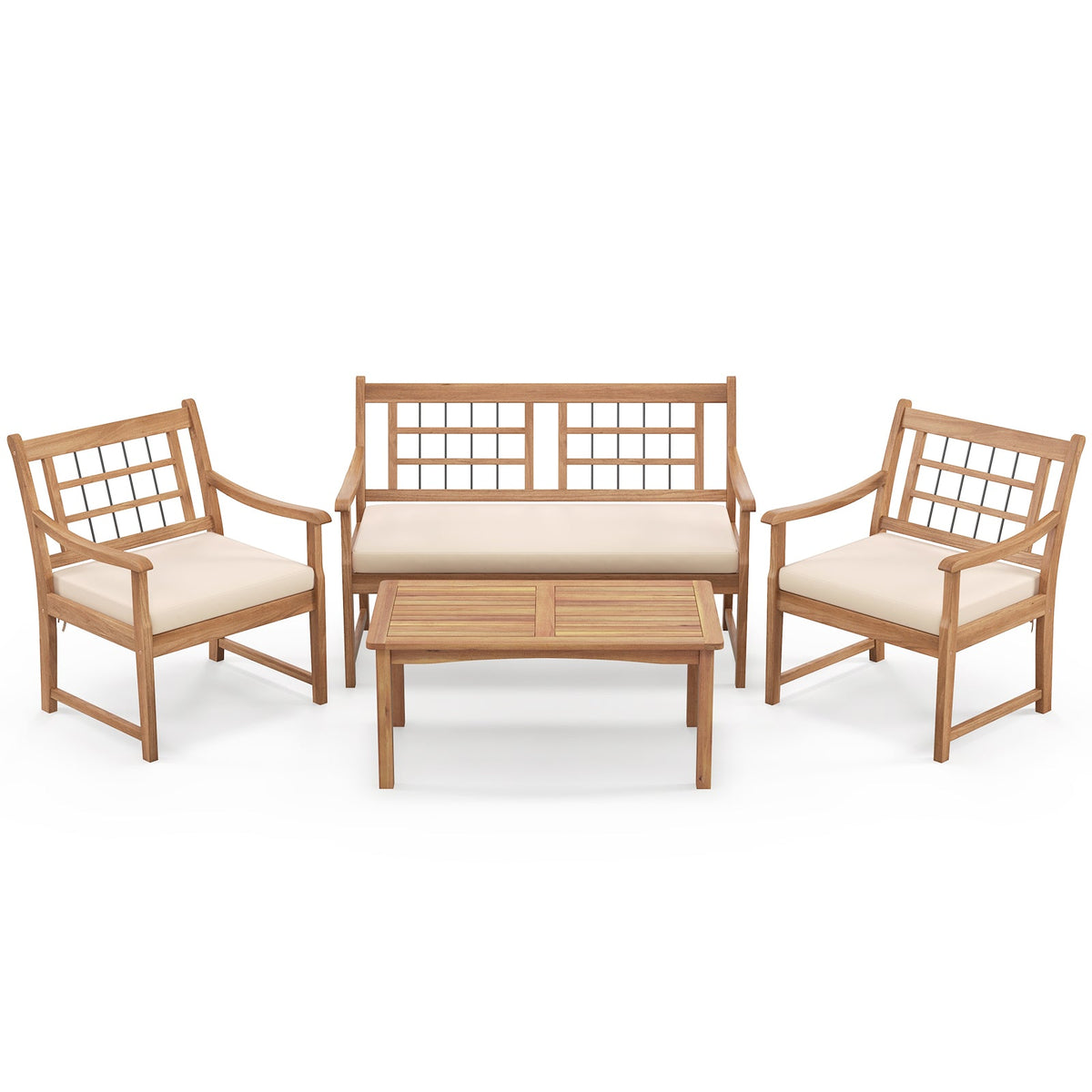 4 Piece Wood Patio Furniture with Armchairs Loveseat and Coffee Table