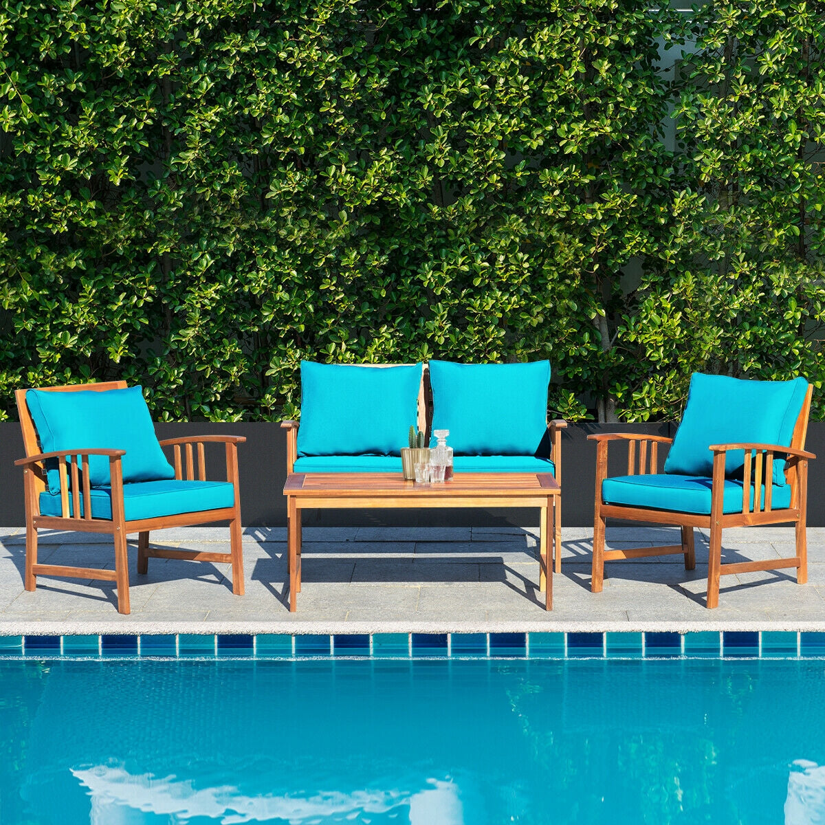 4 Pcs Wooden Patio Set Table Sofa Chair